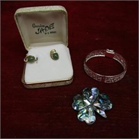 Sterling silver clover pin, bracelet, jade