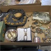Antique hand bag, jewelry, chocolate box.