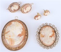 14K & 10K YELLOW GOLD CAMEO BROOCHES & EARRINGS