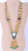 ORANGE CORAL RUBY EMERALD NECKLACE W/ OPAL CENTER