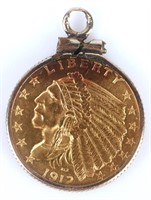 90% GOLD 1912 INDIAN $2.50 COIN SET IN 10K PENDANT
