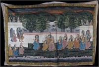 LARGE HINDU INDIAN HAND PAINTED SILK TAPESTRY