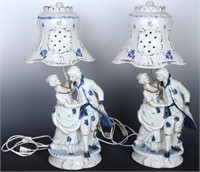VINTAGE BLUE WHITE PORCELAIN W/GOLD GILT LAMP - 2