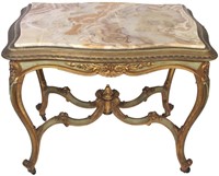 LOUIS XIV FRENCH ONYX TOP CENTER TABLE W/STRETCHER