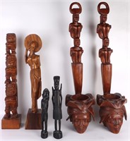 POLYNESIAN CARVED TIKI FIGURES & WATER DIPPERS (6)