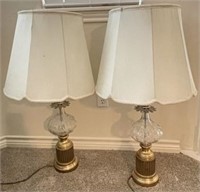 Pair of Cut Crystal and Brass Lamps with Shades