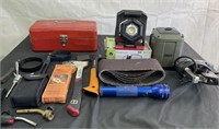 Assorted Tool Lot; Hatchets, Flashlight & Tool Box