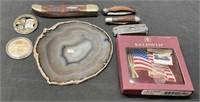 Collectible Lot; Pocket Knives, Agate Slice & More