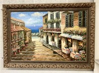 Framed Seaside Restaurant Painting on Canvas