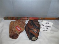 3pc - Leather Baseball Gloves & Hand Painted Bat