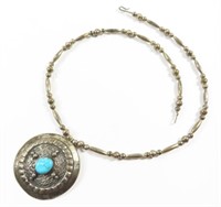 NATIVE AMERICAN SILVER NECKLACE & LARGE PENDANT