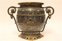 Spanish Style Bronze &Gold Inlaid Vase w Double Ha