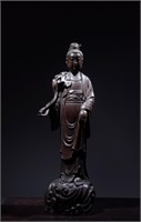 Chinese Zitan Wood Hand Carved Guanyin Statue