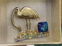 VINTAGE RHINESTONE CRANE BIRD BROOCH