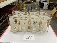 VINTAGE GOLD LEAVES DRINKING GLASSES & CARRIER