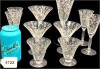 Vintage Clear Glass Etched Floral Glassware Lot