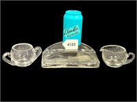 Vintage Heavy Clear Glass Cream Sugar & Dish Lot