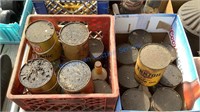 CRATE AND BOX OF VINTAGE MOTOR OIL CANS (with oil)