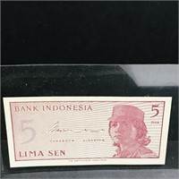 1964 Indonesia 5 Lima Sen Paper Money Bill