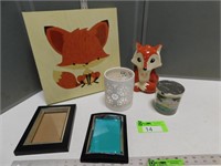 Wall hanging, fox coin bank, candle holder, candle