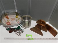 Metal serving tray, extension cord, wall shelves a