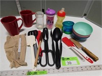 Plastic bowls, sippy cups, kitchen utensils, candy