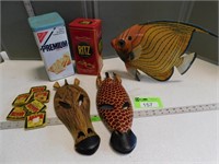 Fish décor; 2 wooden masks; cracker tins; Anacin t
