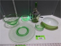 Assorted green Depression Glass; Pyrex bowl