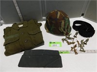 Army hat, shirt, helmet, ammo belt; army men