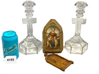 Vintage Religious Lot Glass Crucifix Candleholders