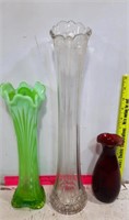 Green Glass Flower Vase, Red Vase and Clear Glass