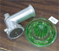 GRINDER ATTACHMENT & GREEN DEPRESSION GLASS JUICER