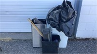 (3) Trash Cans, Plastic, Shelf, Yard Sticks, Misc