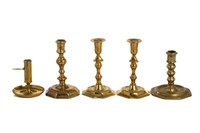 FIVE EARLY ANTIQUE SINGLE BRASS CANDLESTICKS