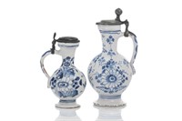 TWO 18th C DELFT EWERS WITH PEWTER MOUNTS