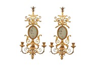 PAIR OF GILT BRASS MIRRORED WALL SCONCES