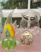 4 Art Glass Pieces, Vintage Aqua Bottle