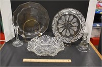 Glass Cake Plates 2, Candle Holders 2 & Bowl
