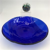 Art Glass Paperweight and Cobalt Blue Bowl