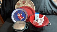 Plastic platters and strainer & misc