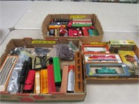 3 BOXES OF ASSORTED HO TRAINS & ACCESSORIES: