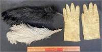 LOVELY ANTIQUE HAT FEATHERS & GLOVES W LINEAGE