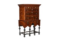 CHARLES II ENGLISH OYSTER VENEERED CHEST ON STAND