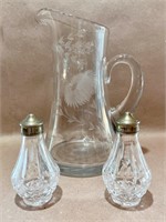 Engraved Glass Pitcher & Glass Salt & Pepper