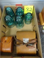 Vintage Blue Glass Insulators / Leather Cases Lot