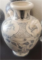 Blue & White Handled Ceramic Vase, Slight Cracks