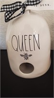 White Ceramic Candle Holder, Marked Queen