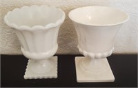 2 Pc Pedestal Milk Glass Vases