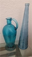 2 Pc Blue Glass, Pitcher, Vase