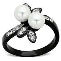 6mm White Pearl Topaz Black Plated Ring